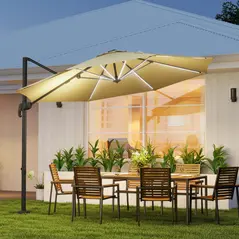 Outsunny 3(m) Adjustable Cantilever Parasol with Base, Solar LED Lights, Khaki - 2