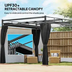 Outsunny 3 x 3 m Pergola with Retractable Roof Canopy and Curtains, UPF30+ Metal Frame Garden Pergola Gazebo Sun Shade, Dark Grey - 4