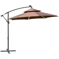 Outsunny 3(m) Cantilever Banana Parasol Hanging Umbrella with Double Roof, LED Solar lights, Crank, 8 Sturdy Ribs and Cross Base for Outdoor, Garden, Patio, Coffee - 1