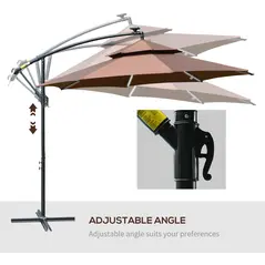 Outsunny 3(m) Cantilever Banana Parasol Hanging Umbrella with Double Roof, LED Solar lights, Crank, 8 Sturdy Ribs and Cross Base for Outdoor, Garden, Patio, Coffee - 6