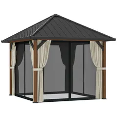 Outsunny 3 x 3(m) Hardtop Gazebo with Galvanised Steel Roof and Water Gutter, Waterproof Permanent Pavilion Garden Gazebo with Netting and Curtains for Patio, Deck, Walnut Wood Finish - 1