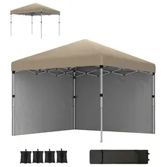 Outsunny 3 x 3 (M) Pop Up Gazebo, UPF 30+ with 2 Sidewalls, Leg Weight Bags and Wheeled Bag, Height Adjustable Party Tent Event Shelter for Garden, Patio, Khaki - 1