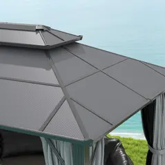 Outsunny 3 x 4m Hardtop Gazebo Canopy with UPF30+ Double Polycarbonate Roof, Aluminium Frame Garden Gazebo Permanent Pavilion with Mosquito Netting and Curtains for Patio, Deck, Grey - 9
