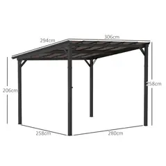 Outsunny 3 x 3(m) Metal Pergola with UPF 50+ and Waterproof Polycarbonate Roof, Wall-Mounted or Free Standing Garden Gazebo, Wind-resistant Outdoor Sun Shade, Dark Grey - 3