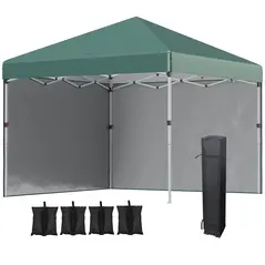 Outsunny 3 x 3 (M) Pop Up Gazebo, UPF 30+ with 2 Sidewalls, Leg Weight Bags and Wheeled Bag, Height Adjustable Party Tent Event Shelter for Garden, Patio, Green - 1