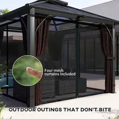 Outsunny 3 x 3(m) Hardtop Gazebo Canopy with 7mm Double Polycarbonate Roof, Garden Gazebo Permanent Pavilion with Mosquito Netting and Curtains for Patio, Deck, Brown - 7
