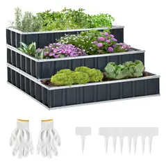 Outsunny 3 Tier Raised Garden Bed, Metal Elevated Planer Box Kit Flower Pot w/ A Pairs of Glove for Garden, Patio to Grow Vegetables, Herbs, Flowers, 118 x 118 x 62 cm, Grey - 1