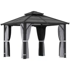 Outsunny 3 x 3(m) Hardtop Gazebo Canopy with 7mm Double Polycarbonate Roof, Garden Gazebo Permanent Pavilion with Mosquito Netting and Curtains for Patio, Deck, Dark Grey - 1