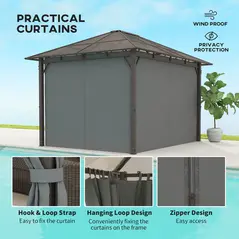 Outsunny 3 x 3.6m Hardtop Gazebo Canopy with Polycarbonate Roof Garden Pavilion with Removable Curtains and Steel Frame, Dark Grey - 6