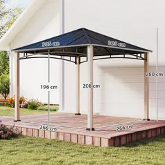 Outsunny 3 x 3 m Decorative Metal Gazebo - Black/Wood-Effect - 3