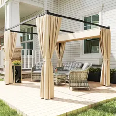 Outsunny 3 x 3m Retractable Roof Pergola, with Curtains - Khaki - 2
