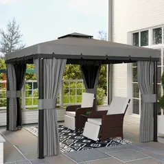 Outsunny 3 x 3(m) Patio Gazebo Canopy Garden Pavilion Tent Shelter Marquee with 2 Tier Roof, Netting and Curtains, Light Grey - 9