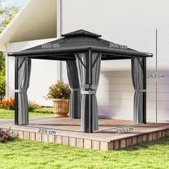 Outsunny 3 x 3(m) Hardtop Gazebo Canopy with UPF30+ Double Polycarbonate Roof, Aluminium Frame Garden Gazebo Permanent Pavilion with Mosquito Netting and Curtains for Patio, Deck, Grey - 3