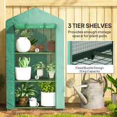 Outsunny 3 Tier Mini Greenhouse Portable Garden Grow House with Roll Up Door and Wire Shelves, 69 x 49 x 125 cm, Green - 6