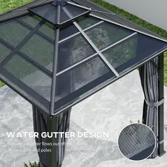 Outsunny 3 x 3(m) Hardtop Gazebo Canopy with 7mm Double Polycarbonate Roof, Garden Gazebo Permanent Pavilion with Mosquito Netting and Curtains for Patio, Deck, Dark Grey - 6