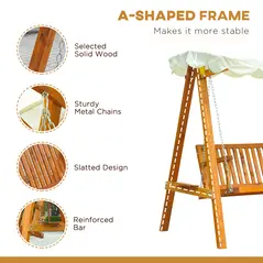 Outsunny 3 Seater Garden Swing Seat with Canopy, Wooden Swing Chair, Outdoor Hammock Bench for Balcony Patio Porch, Cream White - 5