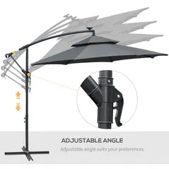 Outsunny 3(m) Cantilever Banana Parasol Hanging Umbrella with LED Solar lights, Crank, 8 Sturdy Ribs and Cross Base for Outdoor, Garden, Patio, Black - 6