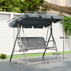 Outsunny 3 Seater Swing Chair, Garden Swing Bench with Adjustable Tilting Canopy, Breathable Mesh Seat and Heavy Duty Metal Frame for Patio, Garden, Dark Grey - 3