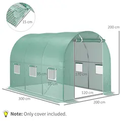Outsunny 3 x 2 x 2m Greenhouse Replacement Cover ONLY Winter Garden Plant PE Cover for Tunnel Walk-in Greenhouse with Roll-up Windows Door Outdoor, Green - 3