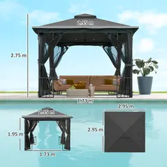 Outsunny 3 x 3m Garden Gazebo Patio Party Tent Shelter Outdoor Canopy Double Tier Sun Shade with Metal Frame and Netting, Dark Grey - 3