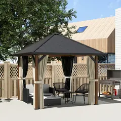 Outsunny 3 x 3(m) Hardtop Gazebo with Galvanised Steel Roof and Water Gutter, Waterproof Permanent Pavilion Garden Gazebo with Netting and Curtains for Patio, Deck, Walnut Wood Finish - 2