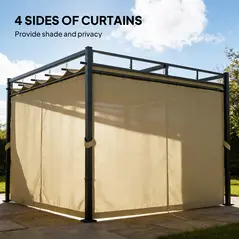 Outsunny 3 x 3 m Pergola with Retractable Roof Canopy and Curtains, UPF30+ Metal Frame Garden Pergola Gazebo Sun Shade, Khaki - 5