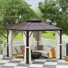 Outsunny 3 x 3(m) Hardtop Gazebo Canopy with UPF30+ Double Polycarbonate Roof, Aluminium Frame Garden Gazebo Permanent Pavilion with Mosquito Netting and Curtains for Patio, Deck, Beige - 8