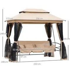 Outsunny 3 Seater Swing Chair 3-in-1 Convertible Garden Swing Seat Bed Gazebo Patio Bench Outdoor with Double Tier Canopy, Cushioned Seat, Mesh Sidewalls, Beige - 3