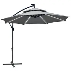 Outsunny 3(m) Cantilever Banana Parasol Hanging Umbrella with Double Roof, LED Solar lights, Crank, 8 Sturdy Ribs and Cross Base for Outdoor, Garden, Patio, Light Grey - 1