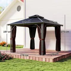 Outsunny 3 x 3(m) Hardtop Gazebo Canopy with 7mm Double Polycarbonate Roof, Garden Gazebo Permanent Pavilion with Mosquito Netting and Curtains for Patio, Deck, Brown - 3