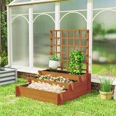 Outsunny 3 Tier Garden Planters with Trellis for Vine Climbing, Wooden Raised Beds, 95x95x110cm, Brown - 9