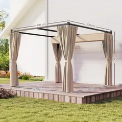 Outsunny 3 x 3m Retractable Roof Pergola, with Curtains - Khaki - 3
