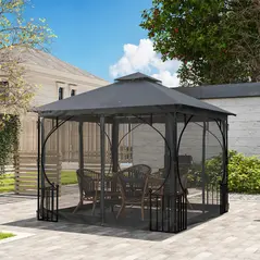 Outsunny 3 x 3m Garden Gazebo Patio Party Tent Shelter Outdoor Canopy Double Tier Sun Shade with Metal Frame and Netting, Dark Grey - 8
