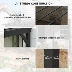 Outsunny 3 x 3(m) Metal Pergola with UPF 50+ and Waterproof Polycarbonate Roof, Wall-Mounted or Free Standing Garden Gazebo, Wind-resistant Outdoor Sun Shade, Dark Grey - 7