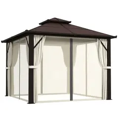 Outsunny 3 x 3(m) Hardtop Gazebo Canopy with UPF30+ Double Polycarbonate Roof, Aluminium Frame Garden Gazebo Permanent Pavilion with Mosquito Netting and Curtains for Patio, Deck, Beige - 1