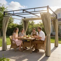 Outsunny 3 x 3 m Pergola with Retractable Roof Canopy and Curtains, UPF30+ Metal Frame Garden Pergola Gazebo Sun Shade, Khaki - 2