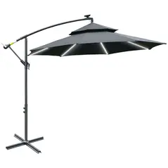 Outsunny 3(m) Cantilever Banana Parasol Hanging Umbrella with LED Solar lights, Crank, 8 Sturdy Ribs and Cross Base for Outdoor, Garden, Patio, Black - 1