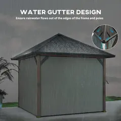Outsunny 3 x 3(m) Hardtop Gazebo with Galvanised Steel Roof and Water Gutter, Waterproof Permanent Pavilion Garden Gazebo with Netting and Curtains for Patio, Deck, Walnut Wood Finish - 5
