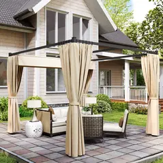 Outsunny 3 x 3m Retractable Roof Pergola, with Curtains - Khaki - 7