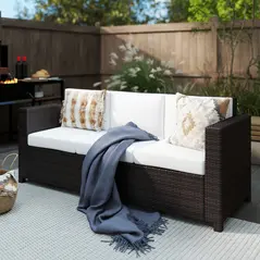 Outsunny 3 Seater Rattan Sofa, All-Weather Wicker Weave Metal Frame Chair with Fire Resistant Cushion, Brown - 2