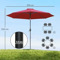 Outsunny 3(m) Tilting Parasol Garden Umbrellas, Outdoor Sun Shade with 8 Ribs, Tilt and Crank Handle for Balcony, Bench, Garden, Wine Red - 3