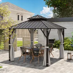 Outsunny 3 x 3(m) Hardtop Gazebo Canopy with Double Metal Roof, Waterproof Permanent Pavilion Garden Gazebo with Netting and Curtains, Easy to Assemble - 9