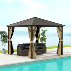 Outsunny 3 x 3(m) Metal Hardtop Gazebo, with Curtains and Accessories - Brown - 2