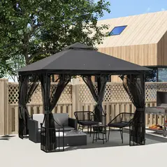 Outsunny 3 x 3m Garden Gazebo Patio Party Tent Shelter Outdoor Canopy Double Tier Sun Shade with Metal Frame and Netting, Dark Grey - 2