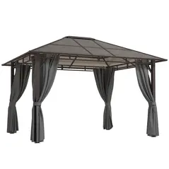 Outsunny 3 x 3.6m Hardtop Gazebo Canopy with Polycarbonate Roof Garden Pavilion with Removable Curtains and Steel Frame, Dark Grey - 1