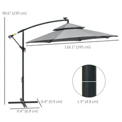 Outsunny 3(m) Cantilever Banana Parasol Hanging Umbrella with Double Roof, LED Solar lights, Crank, 8 Sturdy Ribs and Cross Base for Outdoor, Garden, Patio, Light Grey - 3