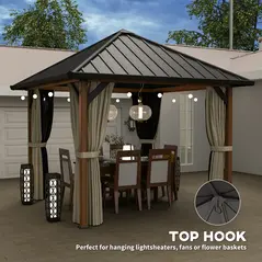 Outsunny 3 x 3(m) Hardtop Gazebo with Galvanised Steel Roof and Water Gutter, Waterproof Permanent Pavilion Garden Gazebo with Netting and Curtains for Patio, Deck, Walnut Wood Finish - 8