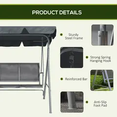 Outsunny 3 Seater Swing Chair, Garden Swing Bench with Adjustable Tilting Canopy, Breathable Mesh Seat and Heavy Duty Metal Frame for Patio, Garden, Dark Grey - 6