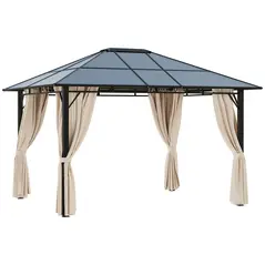 Outsunny 3 x 3.6m Hardtop Gazebo Canopy with Polycarbonate Roof Garden Pavilion with Removable Curtains and Steel Frame, Brown - 1