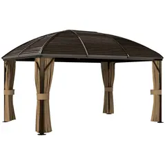 Outsunny 3 x 4m Hardtop Gazebo Canopy with Metal Roof, Aluminium Gazebo Permanent Pavilion with Netting and Curtains, Brown - 1